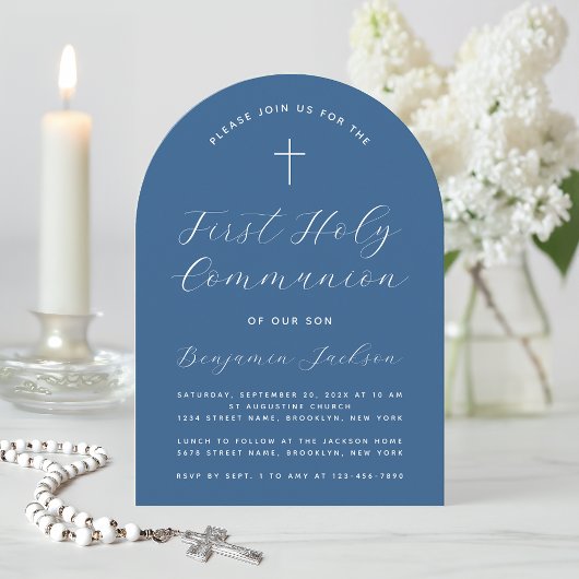 Boy First Communion Classic Blue Arch Cross Script Kaart