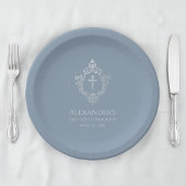 Boy First Communion Dusty Blue Crest Cross Papieren Bordje