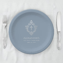 Boy First Communion Dusty Blue  Crest Cross Papieren Bordje
