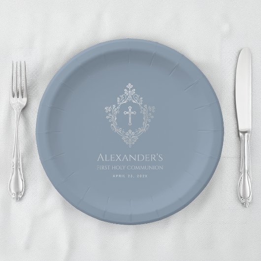 Boy First Communion Dusty Blue  Crest Cross Papieren Bordje