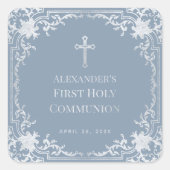 Boy First Communion Dusty Blue Elegant Faux Zilver Vierkante Sticker (Voorkant)