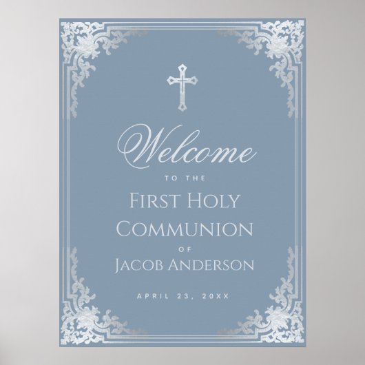 Boy First Communion Dusty Blue  Welkom Poster (Voorkant)