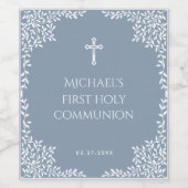 Boy First Communion Dusty Blue White Cross Leaves Wijn Etiket (Enkel label)