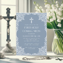  Boy First Communion Dusty Blue White Leaves Cross