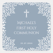 Boy First Communion Dusty Blue White Leaves Cross Vierkante Sticker (Voorkant)