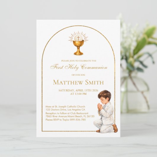 Boy First Communion Gold Boho Arch & Chalice Kaart (Staand voorkant)
