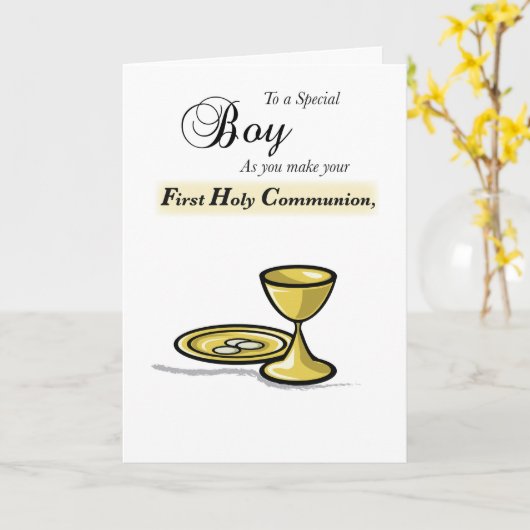 Boy First Communion Gold Chalice, Paten Kaart (Gele Bloem)