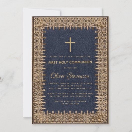 Boy First Communion Gold Lijst Cross Navy Blauw Kaart (Voorkant)