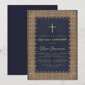 Boy First Communion Gold Lijst Cross Navy Blauw Kaart (Voorkant / Achterkant)