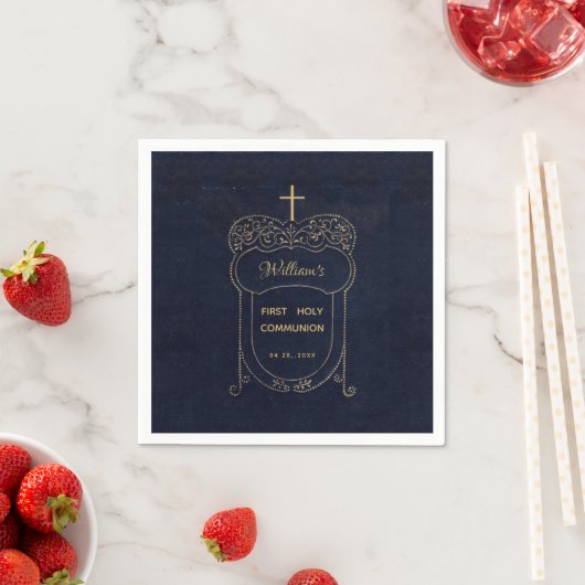 Boy First Communion Navy Blauw Cross Script Servet (Insitu)
