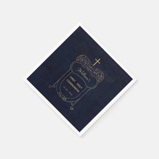 Boy First Communion Navy Blauw Cross Script Servet (Hoek)