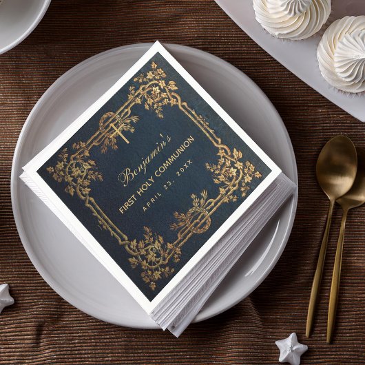 Boy First Communion Navy Blauwe  Gouden Wijnstokke Servet