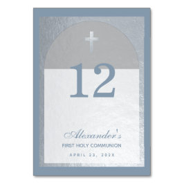 Boy First Communy Dusty Blue Faux Silver Cross Kaart