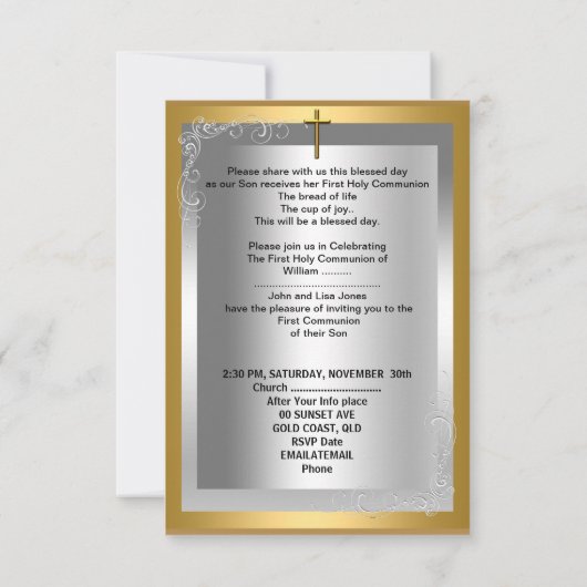 Boy First Heilige Communie Silver Gold Cross Kaart (Achterkant)