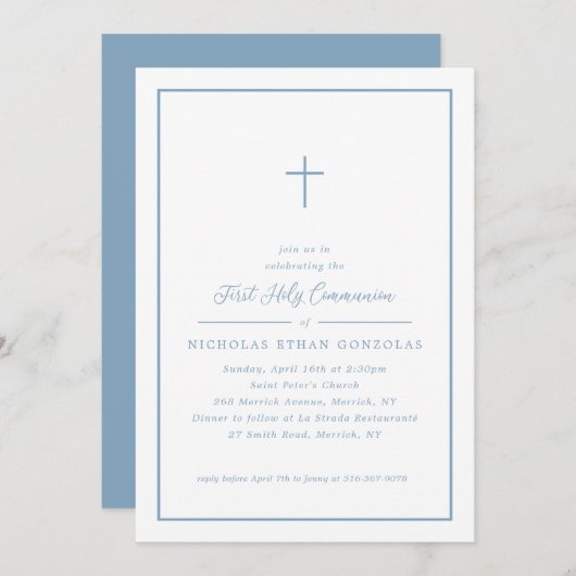 Boy First Holy Communion Blauw Kruis Eenvoudig Lij Kaart (Voorkant / Achterkant)