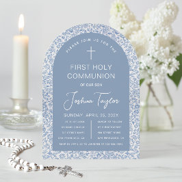 Boy First Holy Communion Blue Arch Floral Pattern Kaart