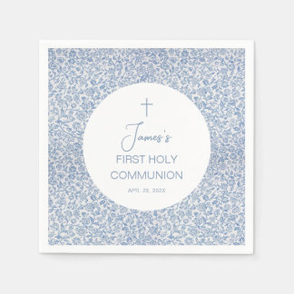 Boy First Holy Communion Blue White Floral Pattern Servet