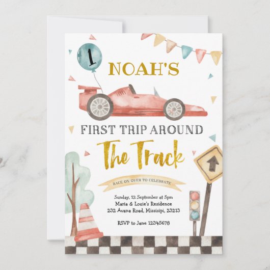 Boy First Racing Birthday Invitation Kaart (Voorkant)