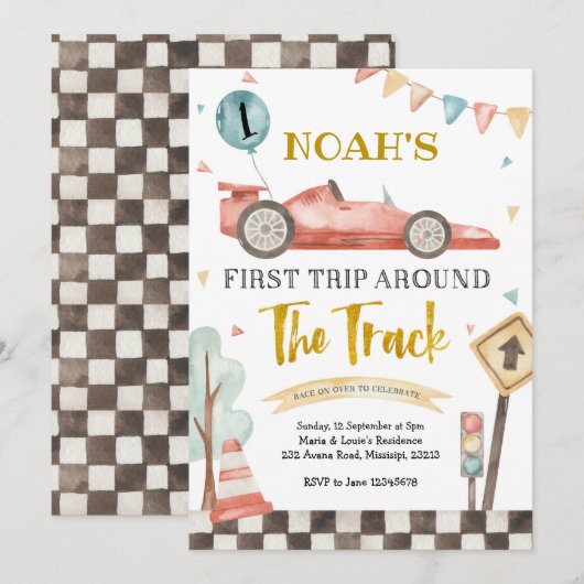 Boy First Racing Birthday Invitation Kaart (Voorkant / Achterkant)