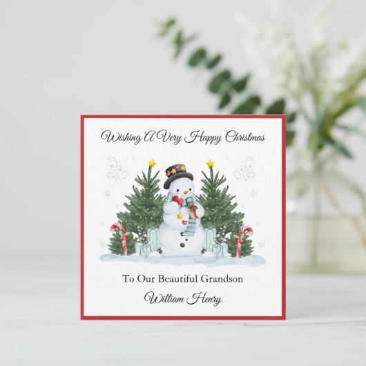 Boy First Second Third Christmas Snowman Card Feestdagenkaart (Staand voorkant)
