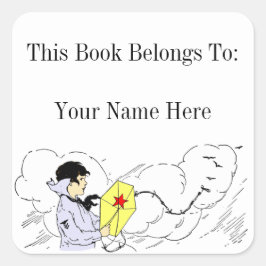 Boy Flying A Kite Custom Bookplate Sticker