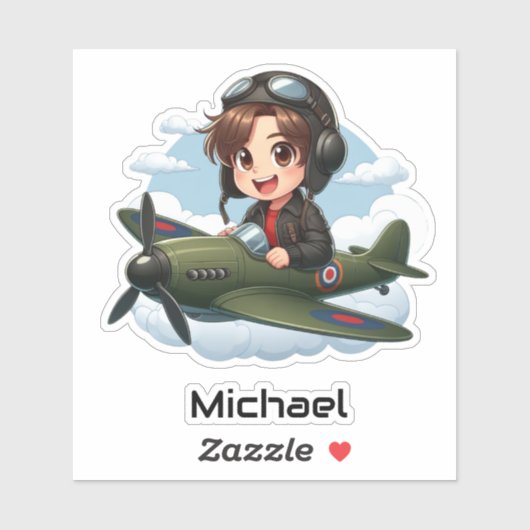  Boy Flying Airplane Clouds Fun Kids Personalized Sticker (Vel)