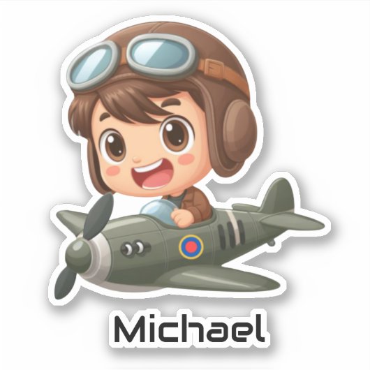 Boy Flying Airplane Clouds Fun Kids Personalized Sticker (Voorkant)