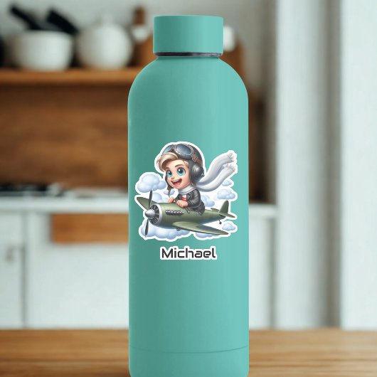 Boy Flying Airplane Clouds Fun Kids Personalized Sticker