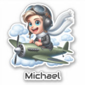 Boy Flying Airplane Clouds Fun Kids Personalized Sticker (Voorkant)