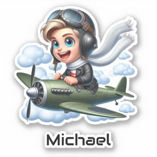 Boy Flying Airplane Clouds Fun Kids Personalized Sticker (Voorkant)