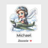 Boy Flying Airplane Clouds Fun Kids Personalized Sticker (Vel)