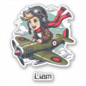Boy Flying Airplane Clouds Fun Kids Personalized Sticker (Voorkant)