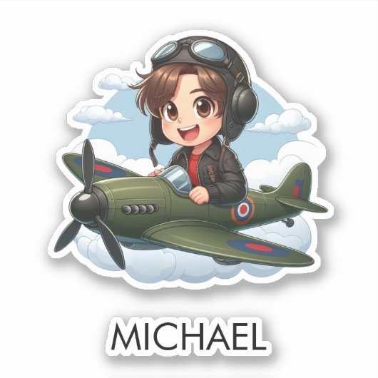 Boy Flying Airplane Cute Kids Personalized Sticker (Voorkant)