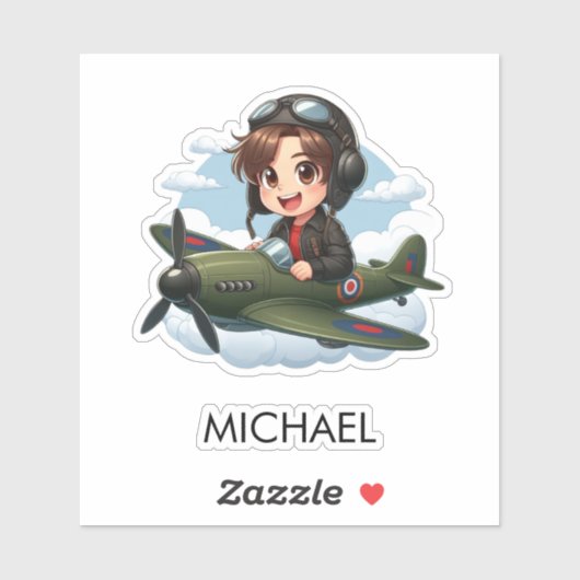 Boy Flying Airplane Cute Kids Personalized Sticker (Vel)
