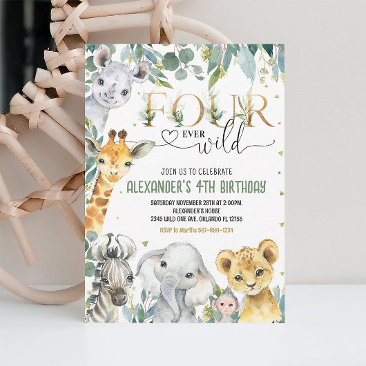 Boy Four ever Wild Gold Oerwoud Animals Verjaardag Kaart