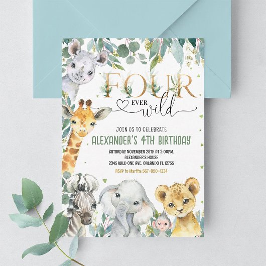 Boy Four ever Wild Gold Oerwoud Animals Verjaardag Kaart