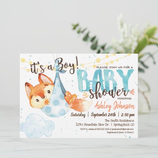 Boy Fox Baby shower Uitnodiging (Staand voorkant)