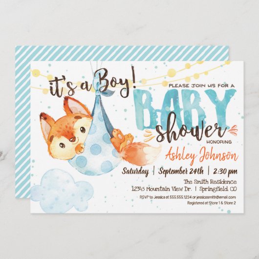 Boy Fox Baby shower Uitnodiging (Voorkant / Achterkant)