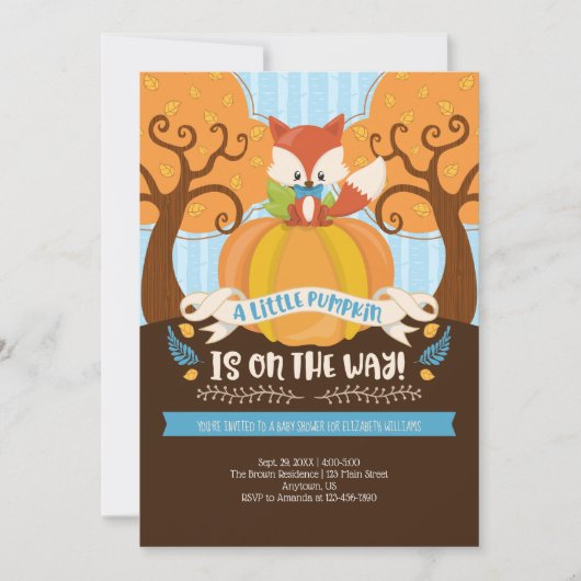 Boy Fox Little Pumpkin Baby shower Invitation Kaart (Voorkant)
