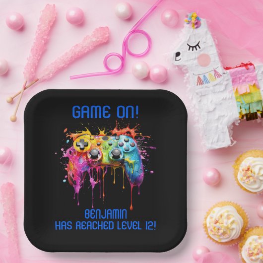 Boy Gamer Blauw Video Game Party Papieren Bordje (Feest)