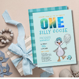 Boy Gekke Goose 1st Birthday Blue Plaid Invitation Kaart