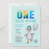 Boy Gekke Goose 1st Birthday Blue Plaid Invitation Kaart (Voorkant)