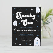 Boy Ghost Blue Spooky One 1st Birthday Halloween Kaart (Staand voorkant)