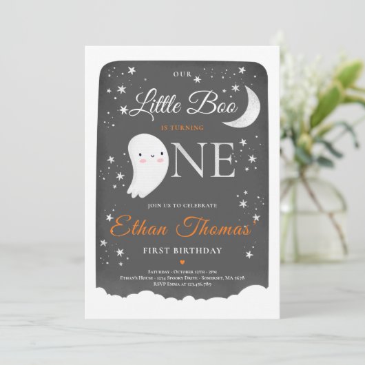 Boy Ghost Little Boo Birthday Party Halloween Kaart (Staand voorkant)