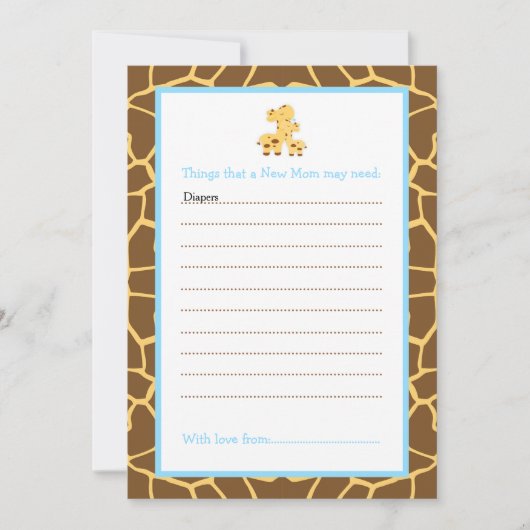 Boy Giraffe Advice List voor New Moms Baby shower Kaart (Voorkant)