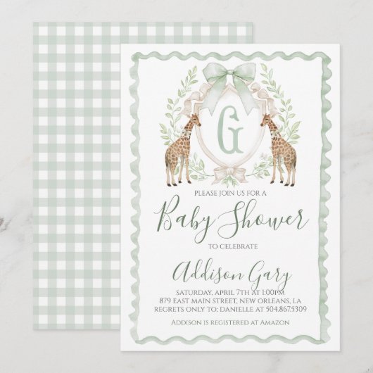 Boy Giraffe Baby shower Preppy Sage Green Gingham Kaart (Voorkant / Achterkant)