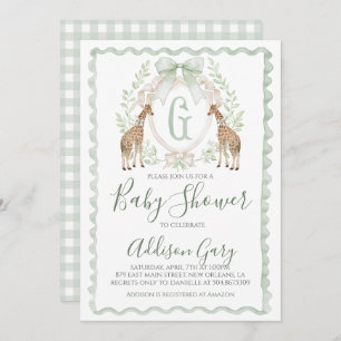 Boy Giraffe Baby shower Preppy Sage Green Gingham Kaart