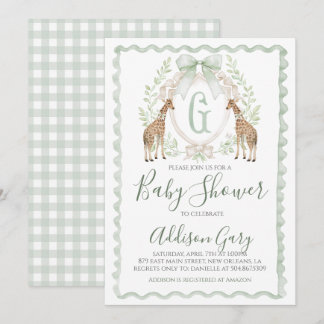Boy Giraffe Baby shower Preppy Sage Green Gingham Kaart