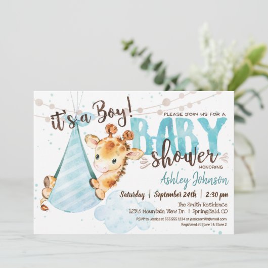 Boy Giraffe Baby shower Uitnodiging (Staand voorkant)