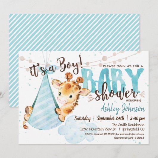 Boy Giraffe Baby shower Uitnodiging (Voorkant / Achterkant)